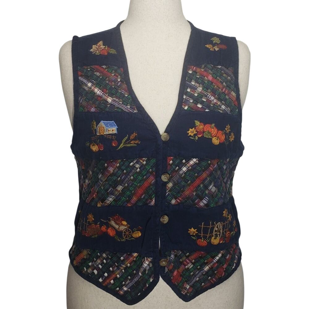 Casey & Max XL Fall Embroidered Vest | Trellis Openwork | Corduroy Trim Folk Art